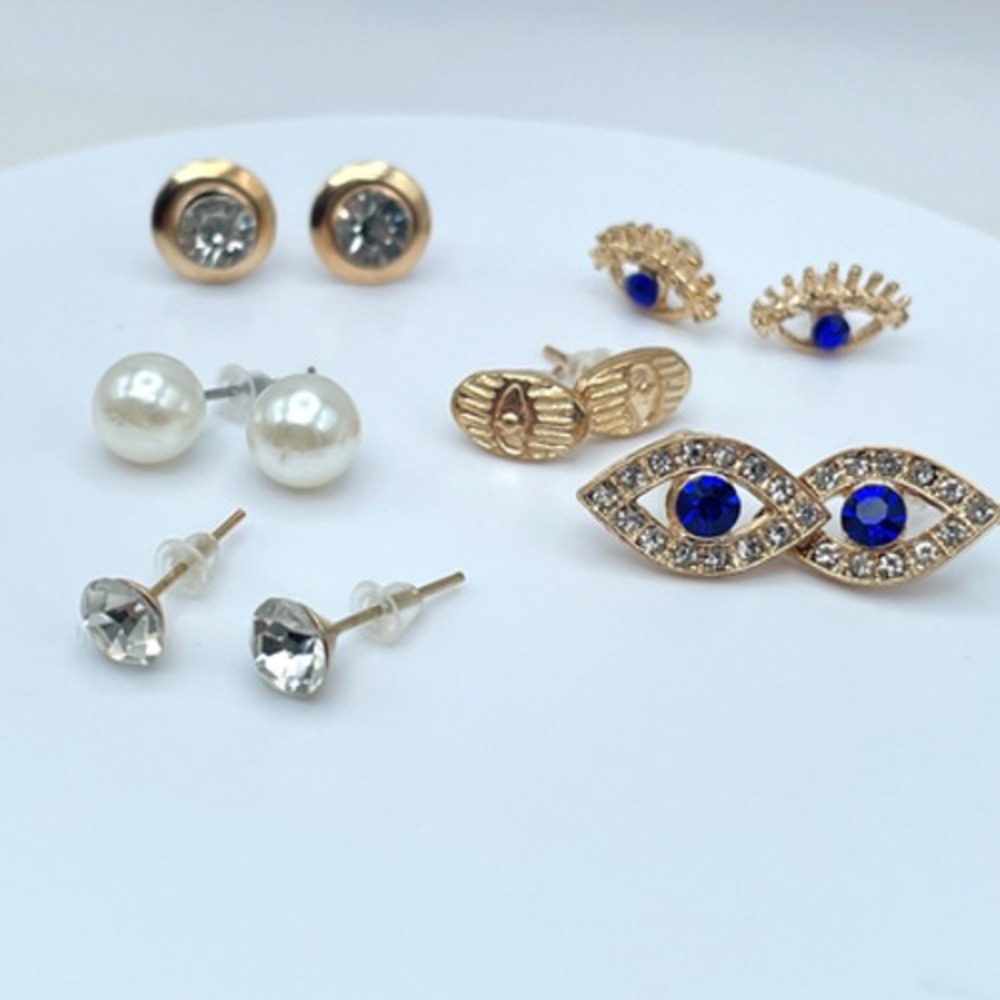 Vintage Y2K Gold Tone Eye Faux Pearl & Rhinestone Stud Earring Set Jewelry